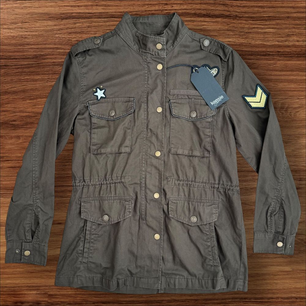 Kensie Military Utility Jacket Women S Army Bee Patches Artichoke Y2K Zip Up NWT